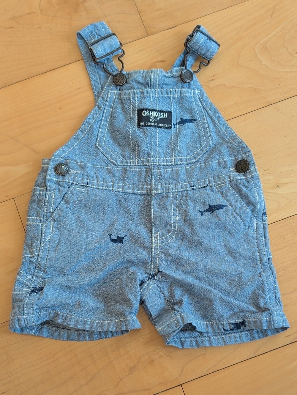 OshKosh B'gosh Light Blue Denim Shark Print Short Overalls